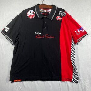 Robert Graham Polo Shirt Men 4X Motorsport Black Red Patches Racing Racecar Flag